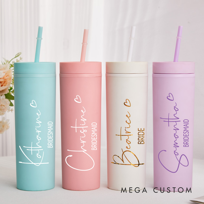 Personalized Bridesmaid Name with Heart 16oz Skinny Tumbler Custom Bride Name Wedding Tumbler Maid of Honor Bachelorette Party Bridal Shower Gift
