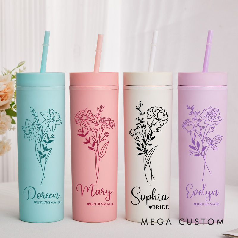 Personalized Bridesmaid Birth Flower 16oz Skinny Tumbler Custom Bride Month Flower Wedding Tumbler Maid of Honor Bachelorette Party Bridal Shower Gift