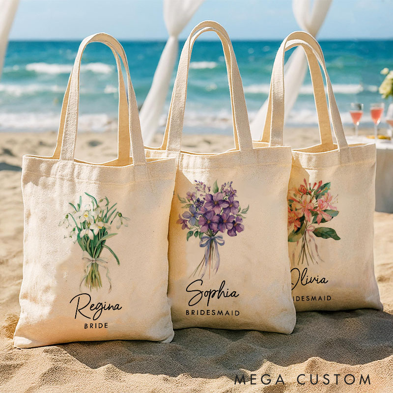 Personalized Bridesmaid Birth Flower Canvas Tote Bag Bride Month Flower Wedding Beach Tote Bag Maid of Honor Bachelorette Party Bridal Shower Gift