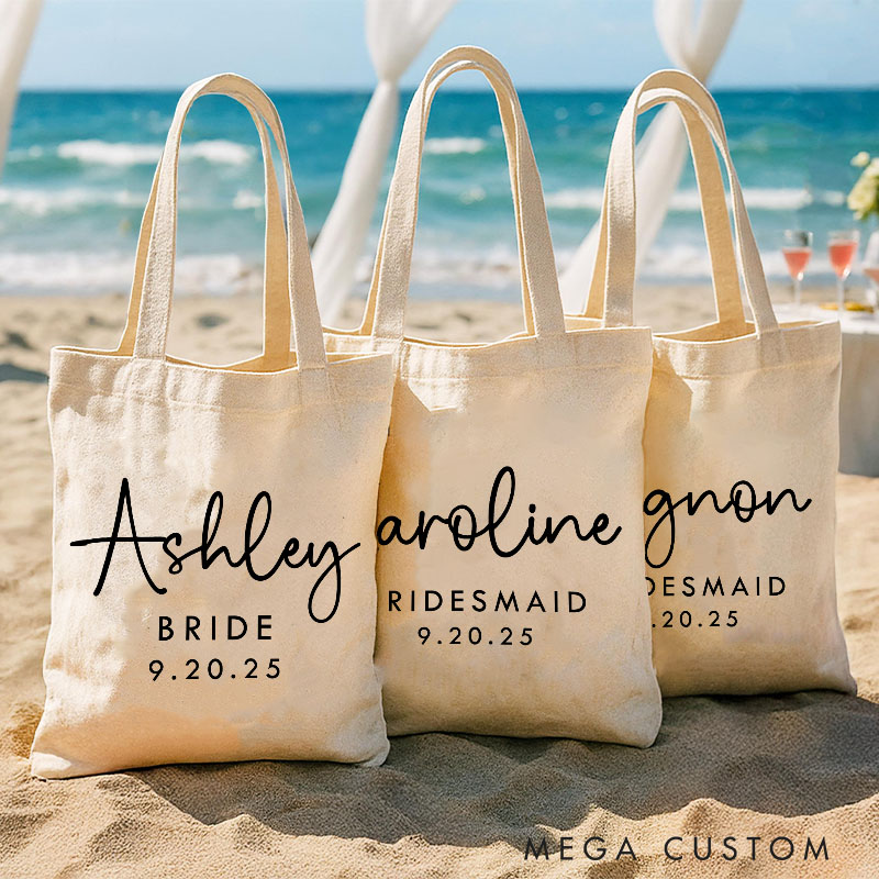 Personalized Bridesmaid Name and Title Canvas Tote Bag Custom Bride Wedding Date Beach Tote Bag Maid of Honor Bachelorette Party Bridal Shower Gift