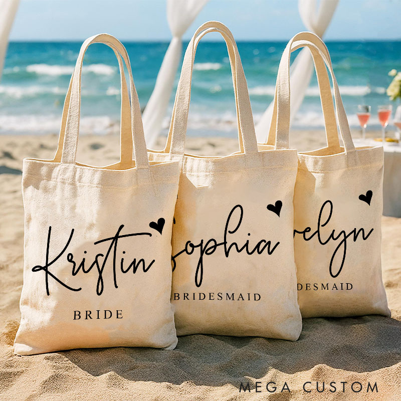 Personalized Bridesmaid Name with Heart Canvas Tote Bag Custom Bride Title Wedding Beach Tote Bag Maid of Honor Bachelorette Party Bridal Shower Gift