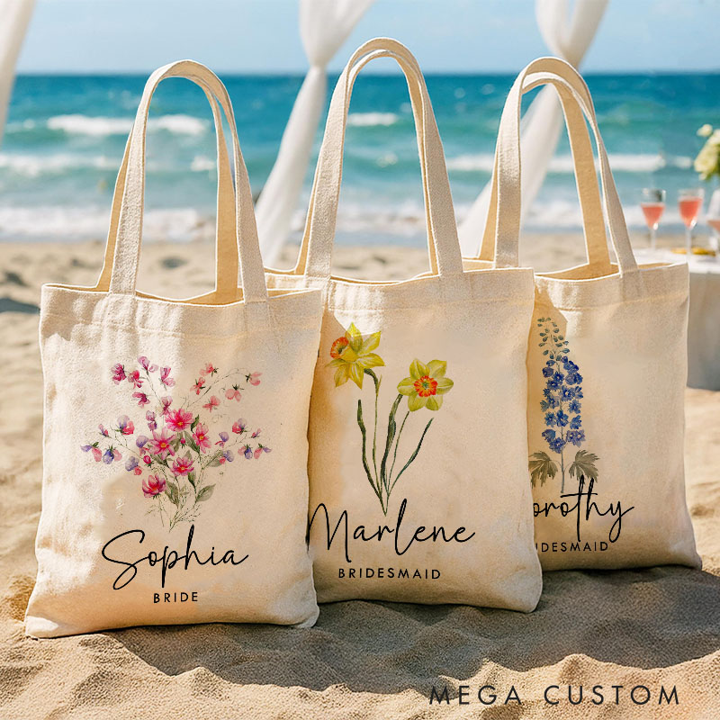 Personalized Bridesmaid Colorful Birth Flower Canvas Tote Bag Bride Month Flower Wedding Beach Bag Maid of Honor Bachelorette Party Bridal Shower Gift