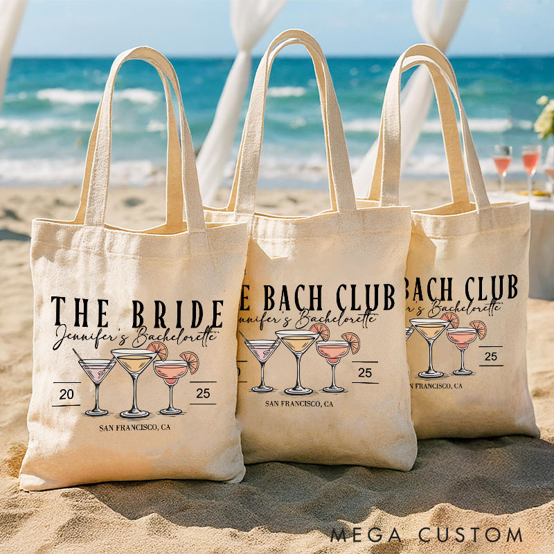 Personalized Bridesmaid Cocktail The Bach Club Canvas Tote Bag Bride Wedding Location Beach Bag Maid of Honor Bachelorette Party Bridal Shower Gift