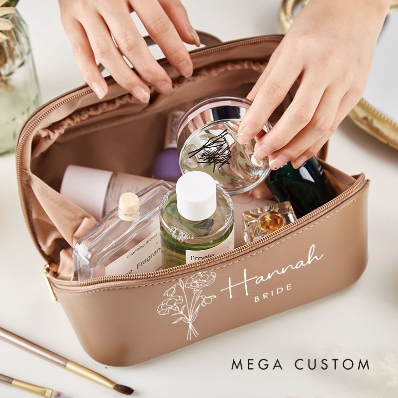 Personalized Bridesmaid Birth Flower Makeup Bag Custom Bride Wedding Cosmetic Bag Maid of Honor Toiletry Pouch Bachelorette Party Bridal Shower Gift