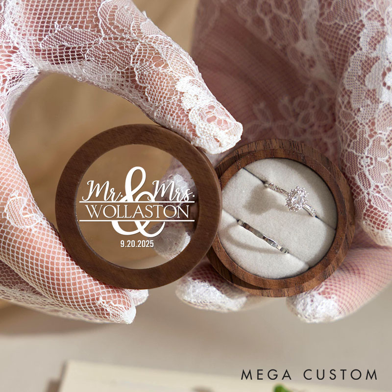 Personalized Couple Wedding Mr and Mrs Wooden Ring Box Newlyweds Last Name Round Ring Box with Acrylic Cover Engagement Ring Box Husband Wife Gift