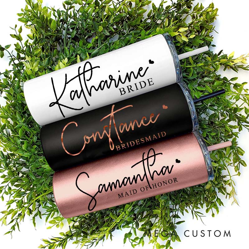 Personalized Bridesmaid Name with Heart 20oz Skinny Tumbler with Lid and Straw Custom Bride Name Wedding Tumbler Maid of Honor Bachelorette Party Gift