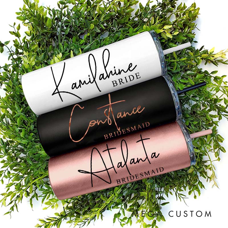 Personalized Bridesmaid Name with Heart 20oz Skinny Tumbler with Lid and Straw Custom Bride Name Wedding Tumbler Maid of Honor Bachelorette Party Gift