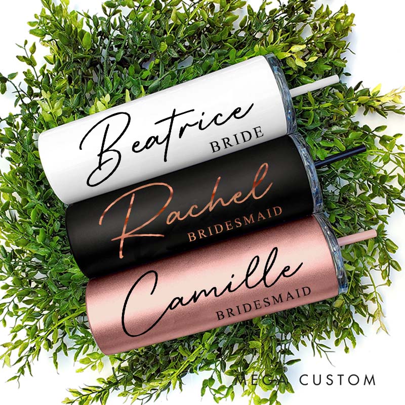 Personalized Minimalist Bridesmaid Name 20oz Skinny Tumbler with Lid and Straw Custom Bride Name Wedding Tumbler Maid of Honor Bachelorette Party Gift