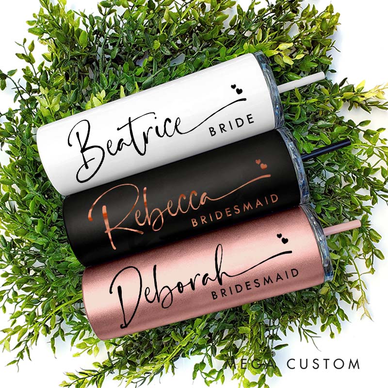Personalized Stylish Bridesmaid Name 20oz Skinny Tumbler with Lid and Straw Custom Bride Name Wedding Tumbler Maid of Honor Bachelorette Party Gift