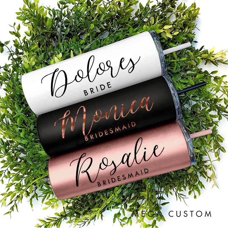 Personalized Elegant Bridesmaid Name 20oz Skinny Tumbler with Lid and Straw Custom Bride Name Wedding Tumbler Maid of Honor Bachelorette Party Gift