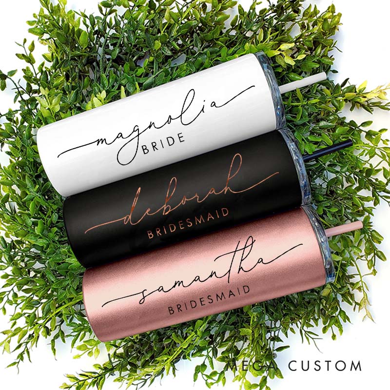 Personalized Bridesmaid Wedding 20oz Skinny Tumbler with Lid and Straw Custom Bride Name with Heart Tumbler Maid of Honor Bachelorette Party Gift