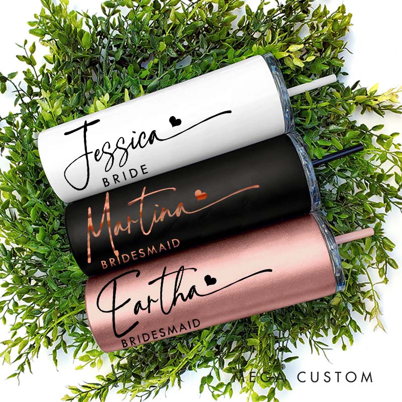 Personalized Bridesmaid Wedding Stylish 20oz Skinny Tumbler with Lid and Straw Custom Bride Name Tumbler Maid of Honor Bachelorette Party Gift