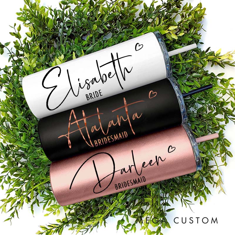 Personalized Bridesmaid Wedding 20oz Skinny Tumbler with Lid and Straw Custom Bride Name with Heart Tumbler Maid of Honor Bachelorette Party Gift