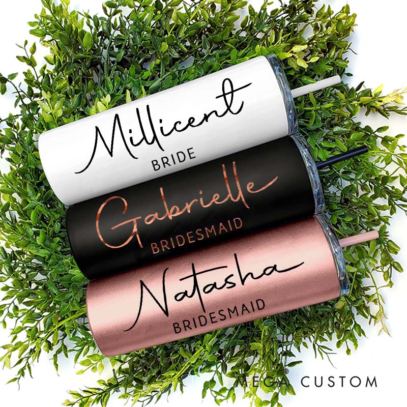 Personalized Bridesmaid 20oz Skinny Tumbler with Lid and Straw Wedding Bride Name with Heart Tumbler Maid of Honor Bachelorette Party Gift for Her