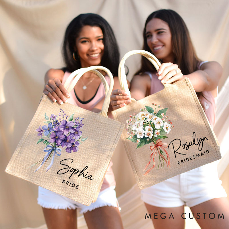 Personalized Bridesmaid Elegant Birth Flower Burlap Tote Bag Bride Month Flower Wedding Beach Jute Tote Bag Bachelorette Party Bridal Shower Gift