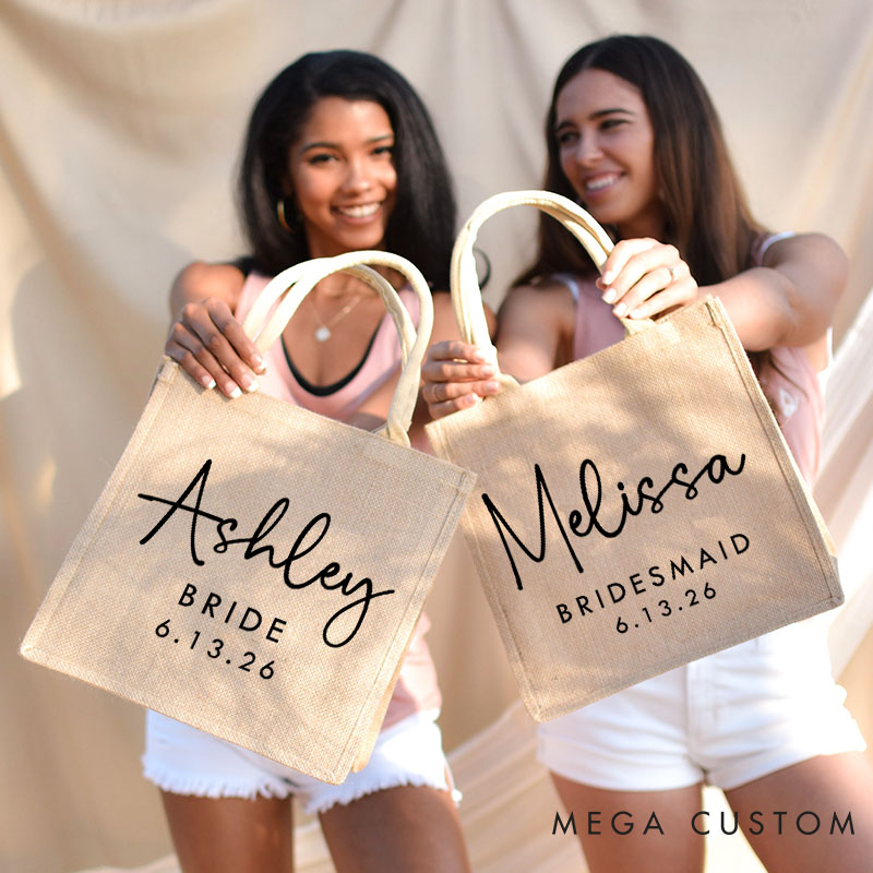 Personalized Bridesmaid Burlap Tote Bag Custom Bride Month Flower Jute Tote Bag Wedding Date Beach Tote Bag Bachelorette Party Bridal Shower Gift