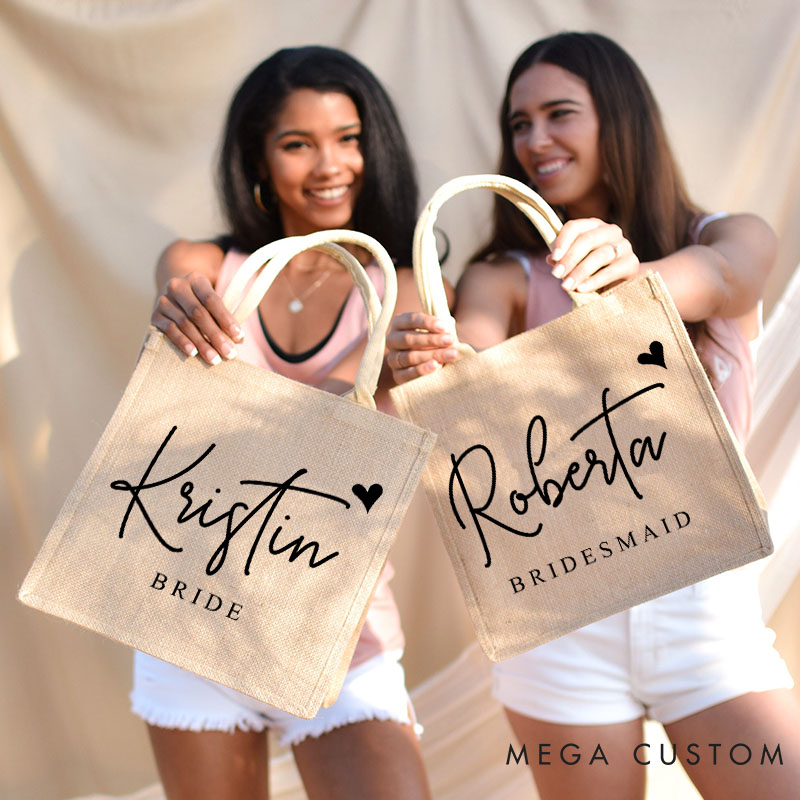 Personalized Bridesmaid Burlap Tote Bag Custom Bride Name Month Flower Jute Tote Bag Wedding Beach Tote Bag Bachelorette Party Bridal Shower Gift