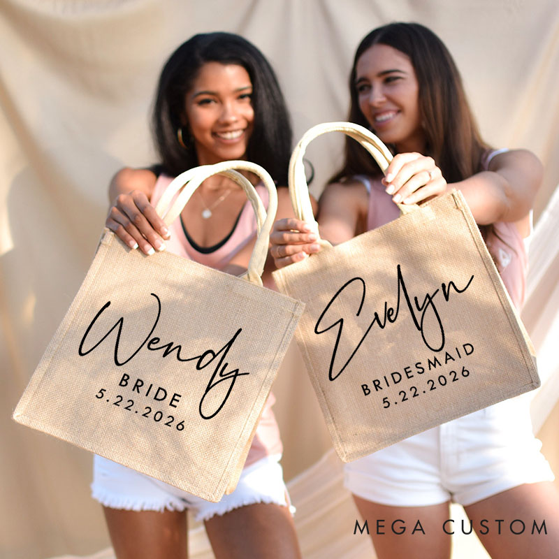 Personalized Minimalist Bridesmaid Burlap Tote Bag Custom Bride Name Jute Tote Bag Wedding Date Beach Bag Bachelorette Party Favors Bridal Shower Gift