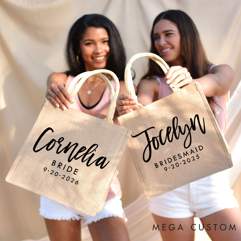 Personalized Bridesmaid Boho Burlap Tote Bag Custom Bride Name Jute Tote Bag Wedding Date Beach Bag Bachelorette Party Favors Bridal Shower Gift