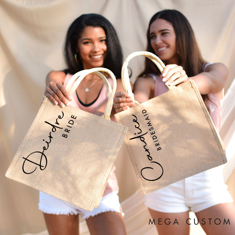 Personalized Bridesmaid Stylish Burlap Tote Bag Custom Bride Name Jute Tote Bag Wedding Beach Bag Bachelorette Party Favors Bridal Shower Gift
