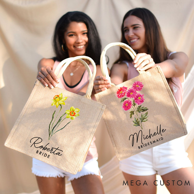 Personalized Bridesmaid Birth Flower Burlap Tote Bag Custom Bride Month Flower Beach Bag Wedding Jute Tote Bag Bachelorette Party Bridal Shower Gift