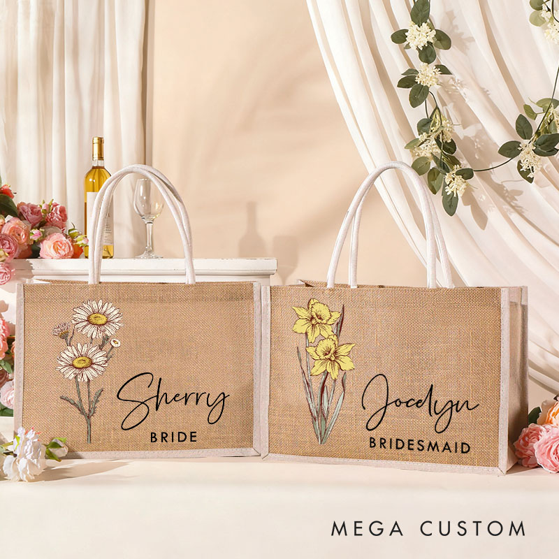 Personalized Bridesmaid Birth Flower Burlap Tote Bag Custom Bride Month Flower Tote Bag Wedding Jute Beach Bag Bachelorette Party Bridal Shower Gift