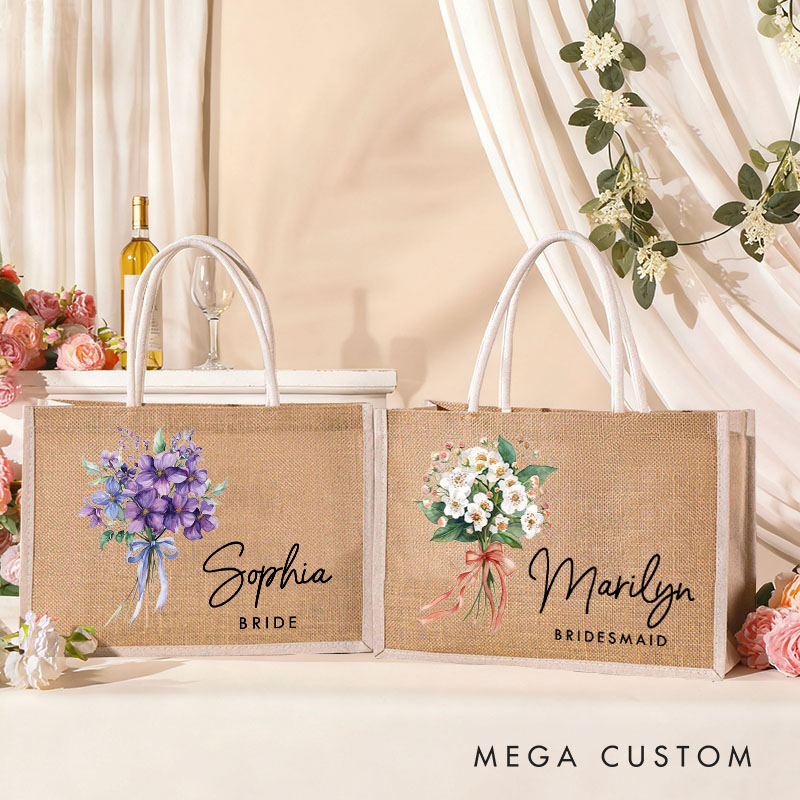 Personalized Bridesmaid Birth Flower Burlap Tote Bag Bride Elegant Month Flower Tote Bag Wedding Jute Beach Bag Bridal Shower Bachelorette Party Gift