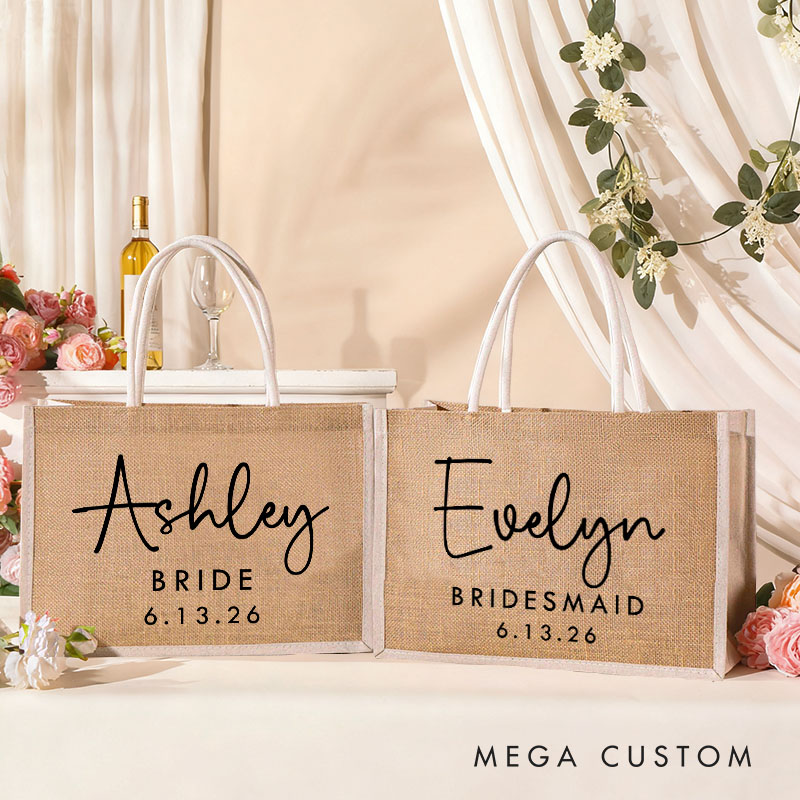 Personalized Bridesmaid Name Burlap Tote Bag Bride Tote Bag Wedding Date Jute Beach Bag Bridal Shower Gift Bachelorette Party Party