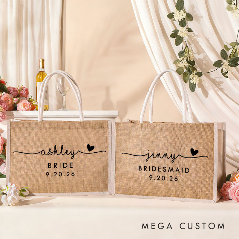 Personalized Bridesmaid Burlap Tote Bag Custom Bride Name with Heart Tote Bag Wedding Date Jute Beach Bag Bridal Shower Gift Bachelorette Party Party