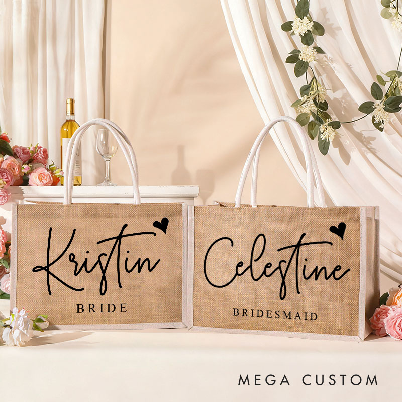 Personalized Bridesmaid Burlap Tote Bag Custom Bride Name with Heart Tote Bag Wedding Jute Beach Bag Bridal Shower Gift Bachelorette Party Favors