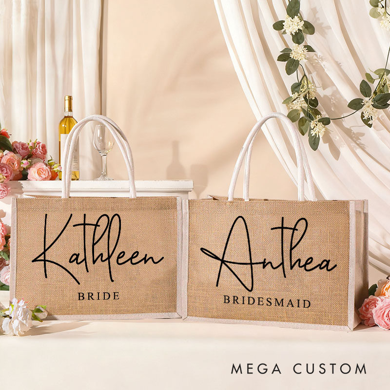 Personalized Bridesmaid Burlap Tote Bag Custom Bride Name Tote Bag with White Side Wedding Jute Beach Bag Bridal Shower Bachelorette Party Gift