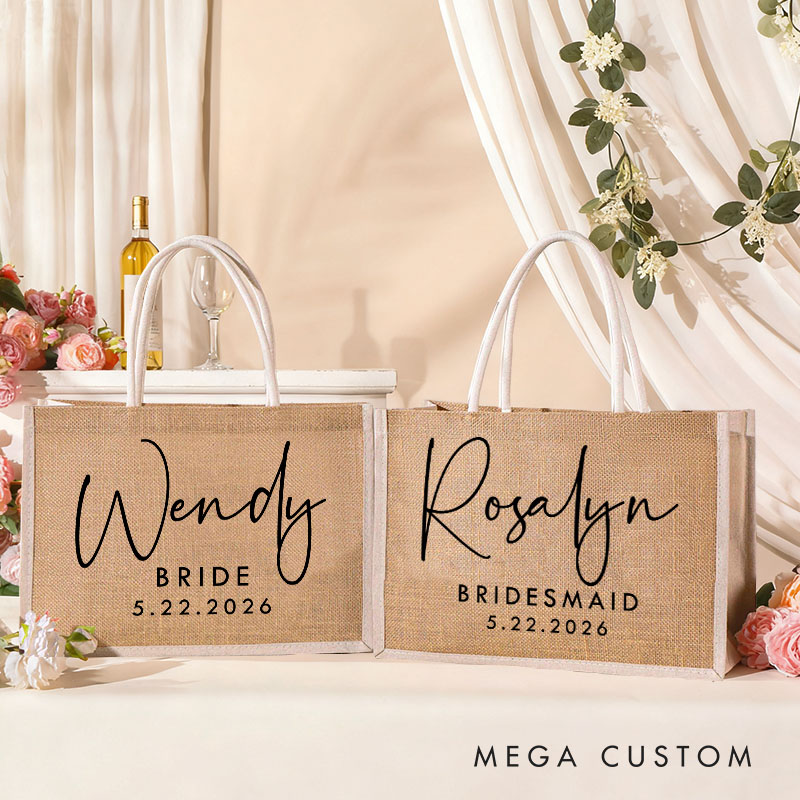 Personalized Bridesmaid Burlap Tote Bag Custom Bride Name Tote Bag with White Side Wedding Date Jute Beach Bag Bridal Shower Bachelorette Party Gift
