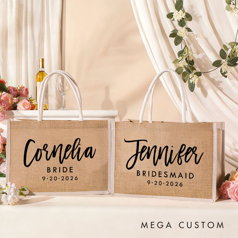Personalized Bridesmaid Boho Burlap Tote Bag Custom Bride Tote Bag with White Side Wedding Date Jute Beach Bag Bridal Shower Bachelorette Party Gift