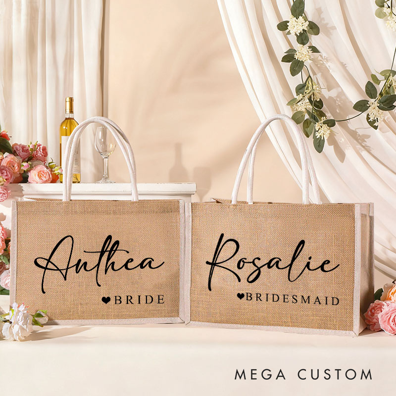 Personalized Bridesmaid Burlap Tote Bag with White Side Bride Title with heart Tote Bag Wedding Jute Beach Bag Bridal Shower Bachelorette Party Gift