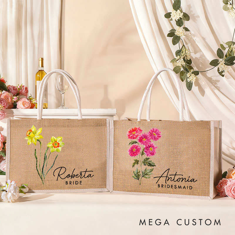 Personalized Bridesmaid Birth Flower Burlap Tote Bag with White Side Custom Bride Tote Bag Wedding Jute Beach Bag Bridal Shower Bachelorette Party Bag