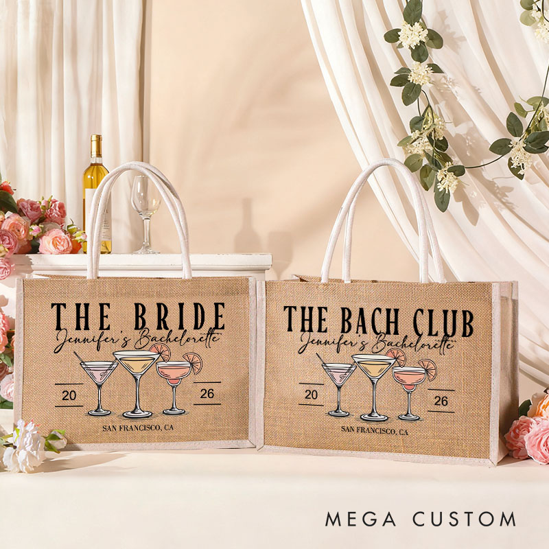 Personalized Bridesmaid The Bach Club Cocktail Burlap Tote Bag Bride Tote Bag Wedding Location Jute Beach Bag Bridal Shower Bachelorette Party Gift