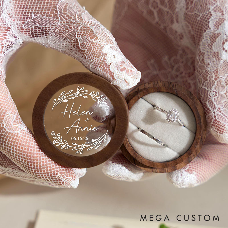 Personalized Couple Wedding Romantic Wreath Wood Ring Box Custom Newlyweds Name Ring Box with Acrylic Cover Engaged Date Ring Holder Husband Wife Gift