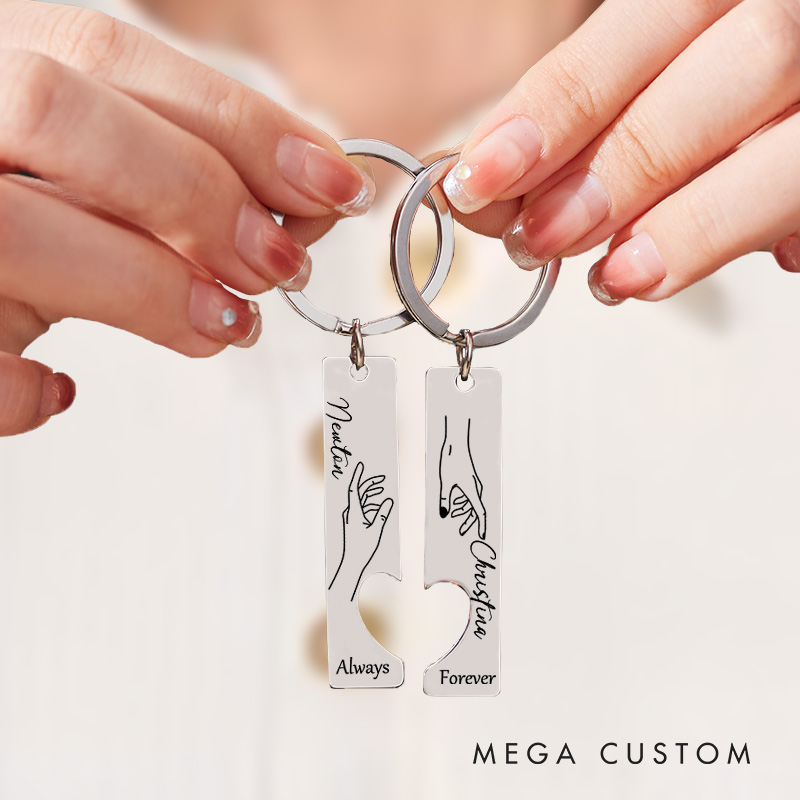 Personalized Couple Forever Always 2pcs Matching Keychain Newlyweds Line Hand Heart Keyring Valentine's Day Gift for Boyfriend Girlfriend Husband Wife