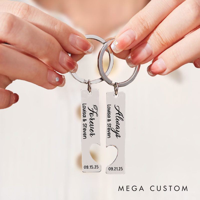 Personalized Couple Forever Always 2pcs Matching Keychain Newlyweds Matching Heart Keychain Valentine's Day Gift for Boyfriend Girlfriend Husband Wife