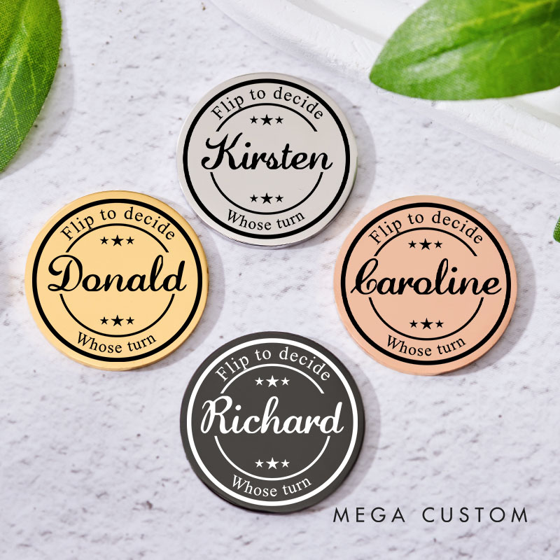 Personalized Couple Name Round Frame Decision Coin Newlyweds Whose Turn Flip to Decide Coin Valentine's Day Gift for Boyfriend Girlfriend Husband Wife