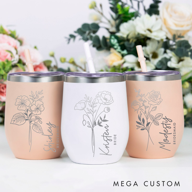 Personalized Bridesmaid Elegant Birth Flower Wine Tumbler Custom Bride Month Flower Wine Tumbler Maid of Honor Bachelorette Party  Bridal Shower Favor