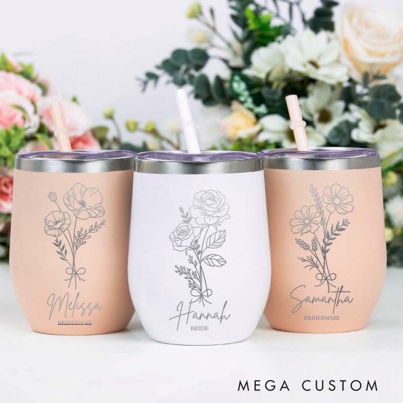 Personalized Bridesmaid Birth Flower Wine Tumbler Custom Bride Month Flower Wine Tumbler Maid of Honor Bachelorette Party Favor Bridal Shower Gift