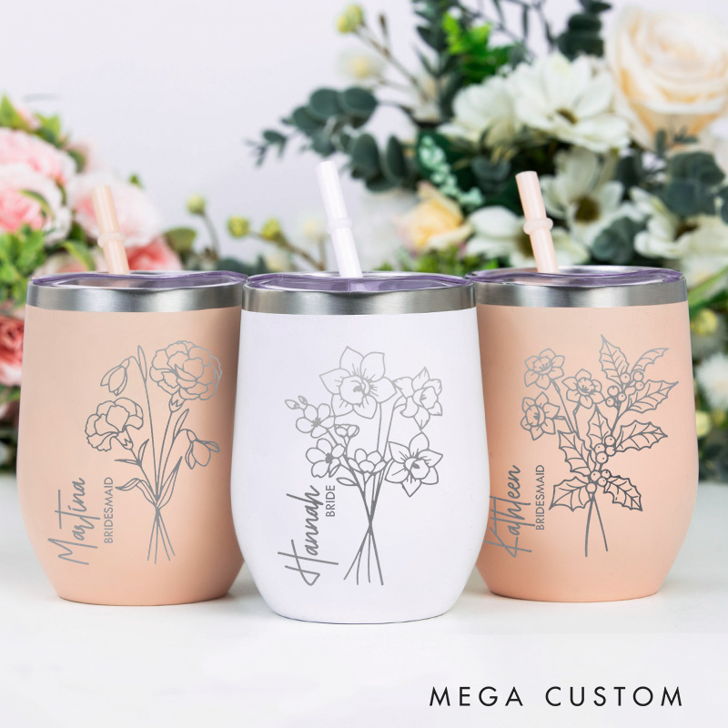 Personalized Bridesmaid Stylish Birth Flower Wine Tumbler Engraved Bride Month Flower Wine Tumbler Maid of Honor Bachelorette Party Bridal Shower Gift