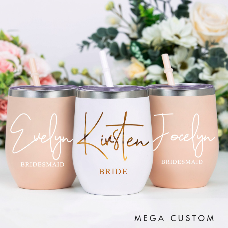 Personalized Bridesmaid Minimalist Wine Tumbler Custom Bride Name Wine Tumbler Maid of Honor Bachelorette Party Favor Bridal Shower Gift for Her