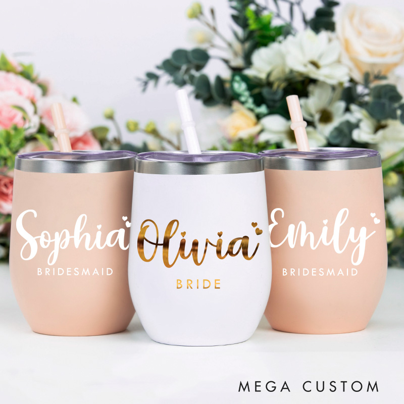 Personalized Bridesmaid Stylish Name with Heart Wine Tumbler Custom Bride Wine Tumbler Maid of Honor Bachelorette Party Favors Bridal Shower Gift