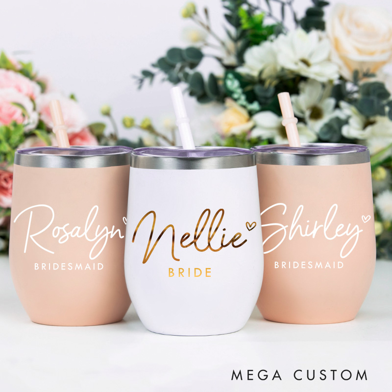 Personalized Bridesmaid Minimalist Wine Tumbler Custom Bride Name with Heart Wine Tumbler Maid of Honor Bachelorette Party Favors Bridal Shower Gift