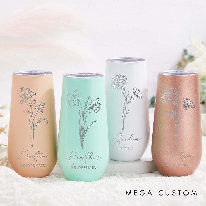 Personalized Bridesmaid Birth Flower Champagne Tumbler Custom Bride Month Flower Tumbler Maid of Honor Bachelorette Party Favors Bridal Shower Gift