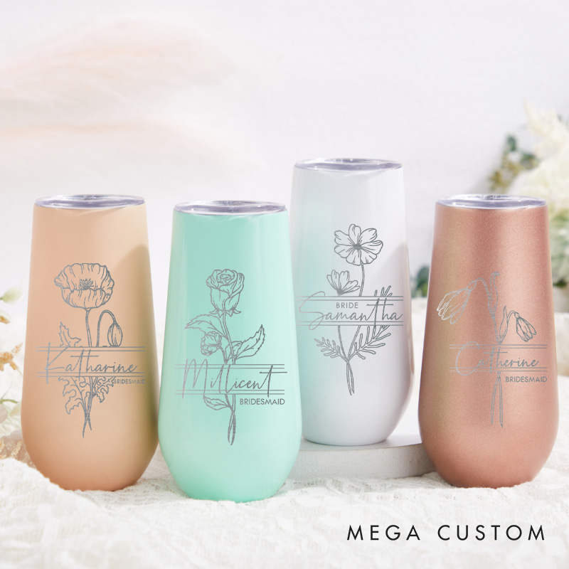 Personalized Bridesmaid Stylish Birth Flower Champagne Tumbler Custom Bride Month Flower Tumbler Bachelorette Party Favors Bridal Shower Gift for Her