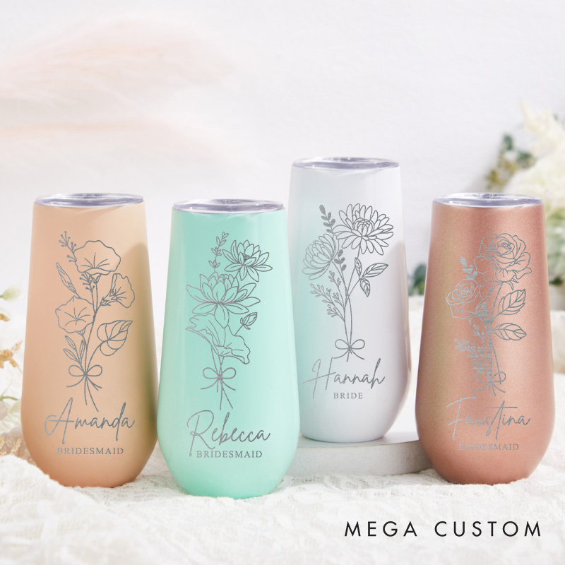 Personalized Bridesmaid Elegant Birth Flower Champagne Tumbler Custom Bride Month Flower Tumbler Bachelorette Party Favors Bridal Shower Gift for Her