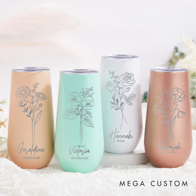 Personalized Bridesmaid Exquisite Birth Flower Champagne Tumbler Custom Bride Month Flower Tumbler Bachelorette Party Favor Bridal Shower Gift for Her
